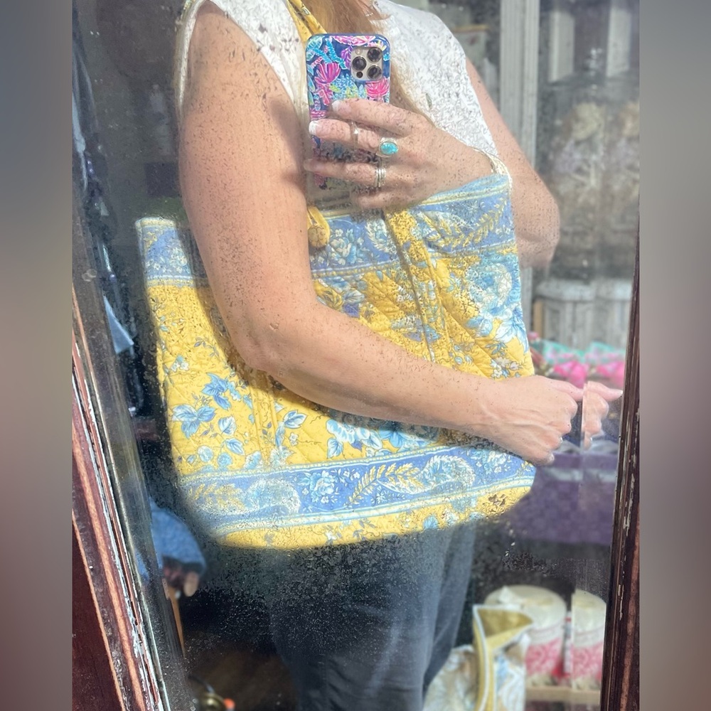 Vintage Quilted Keepers yellow & blue floral fabric tote cottage French Country - Picture 10 of 12